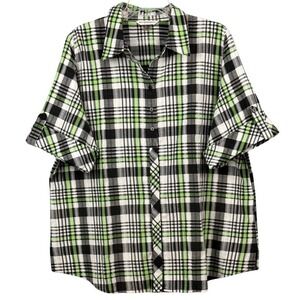 Allison Daley Collard Shirt Womens Button Up V Neck Green Black Plaid Top Sz 20W
